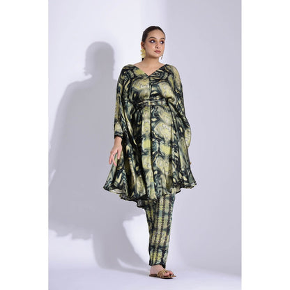 Studio Surbhi Green Georgette Satin Embellished Kaftan with Pant and Belt (Set of 3)