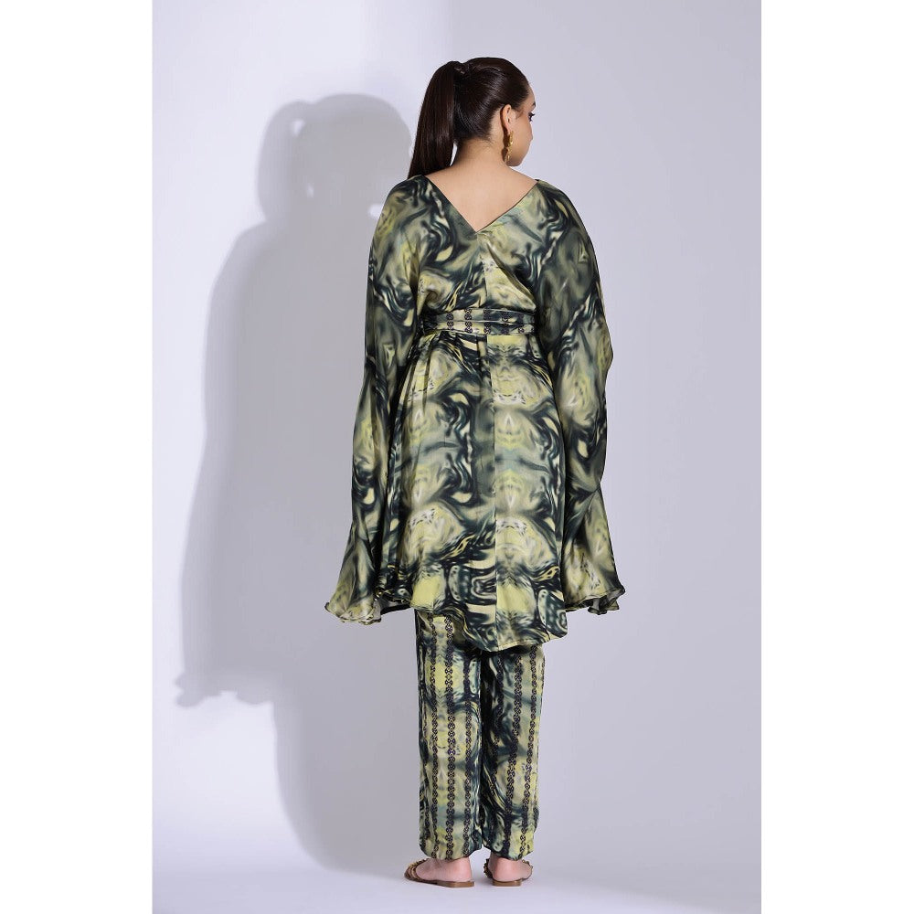 Studio Surbhi Green Georgette Satin Embellished Kaftan with Pant and Belt (Set of 3)