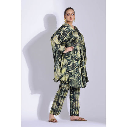 Studio Surbhi Green Georgette Satin Embellished Kaftan with Pant and Belt (Set of 3)