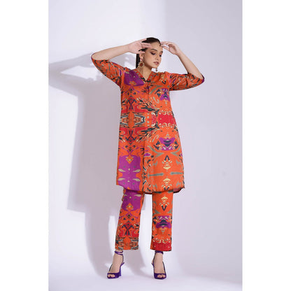 Studio Surbhi Orange Cotton Silk Printed V Neck Kurta and Pant (Set of 2)