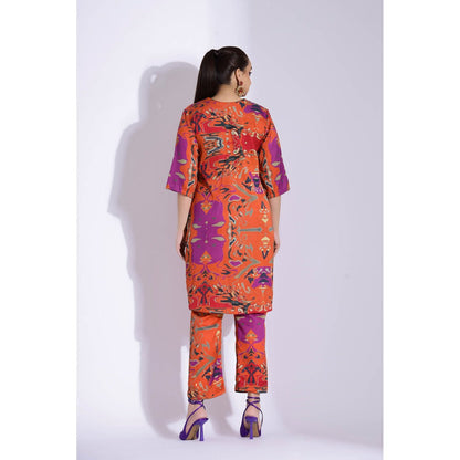 Studio Surbhi Orange Cotton Silk Printed V Neck Kurta and Pant (Set of 2)