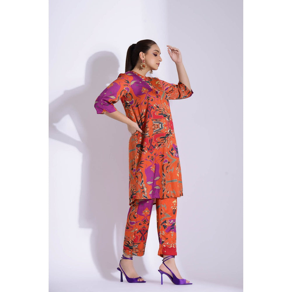 Studio Surbhi Orange Cotton Silk Printed V Neck Kurta and Pant (Set of 2)