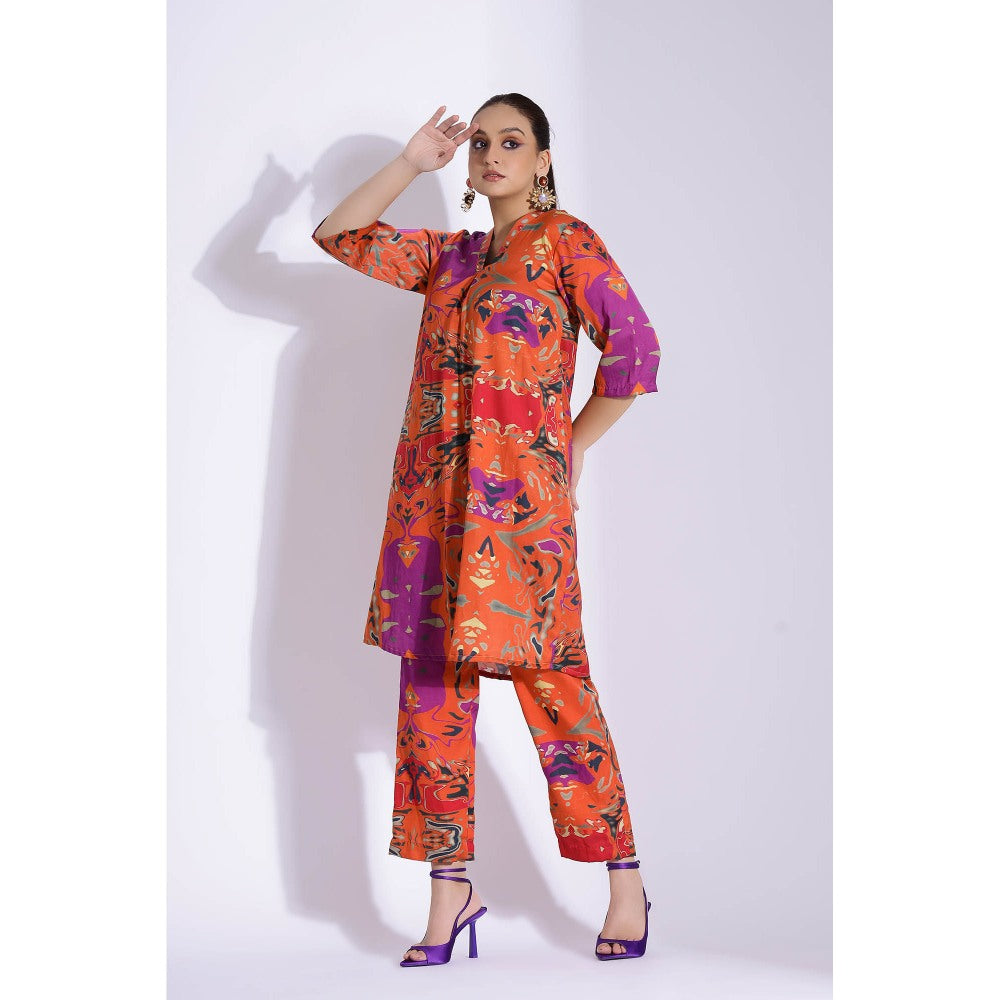 Studio Surbhi Orange Cotton Silk Printed V Neck Kurta and Pant (Set of 2)