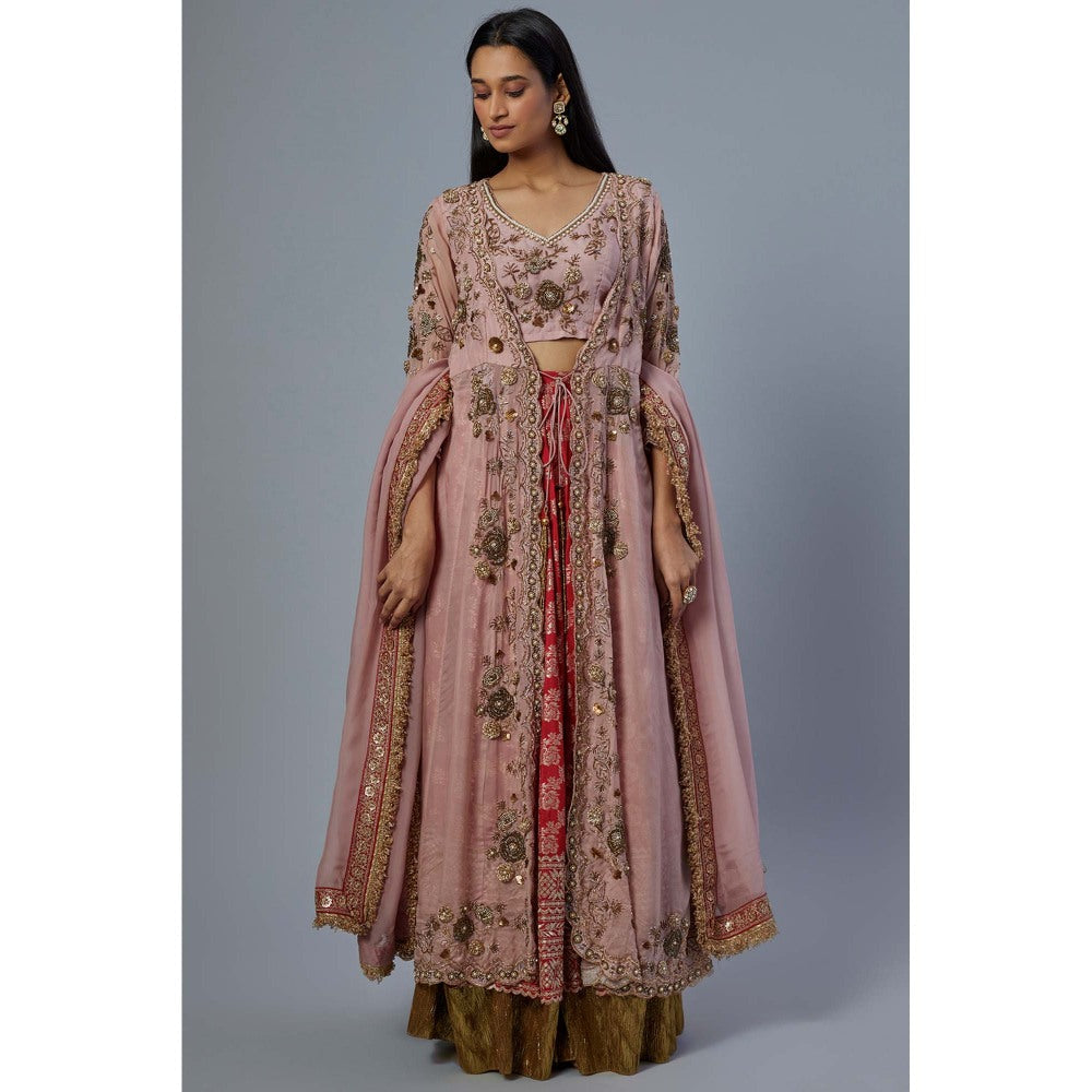 Studio A Blush Pink Embroidered Blouse with Lehenga, Dupatta and Jacket (Set of 4)