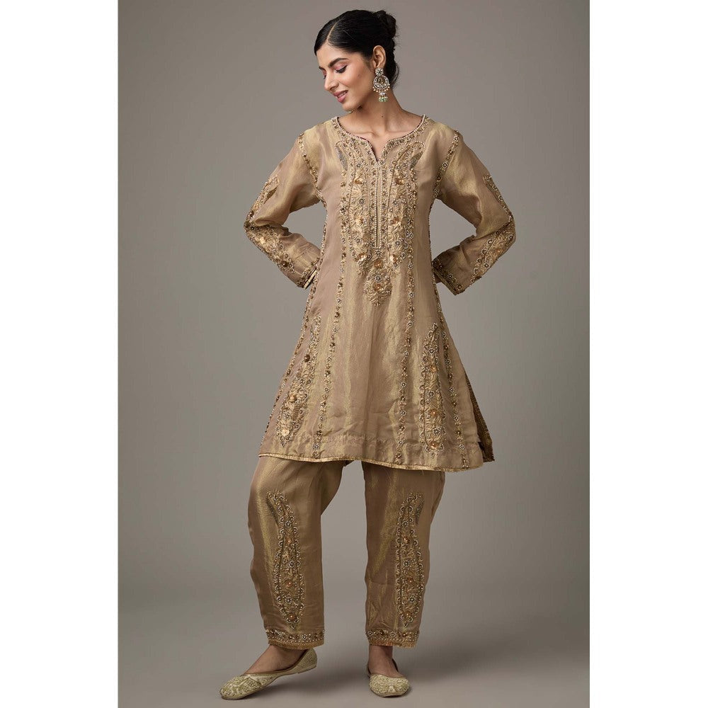 Studio A Brown Tissue Dori Hand Embroidered Kurta with Pant (Set of 2)