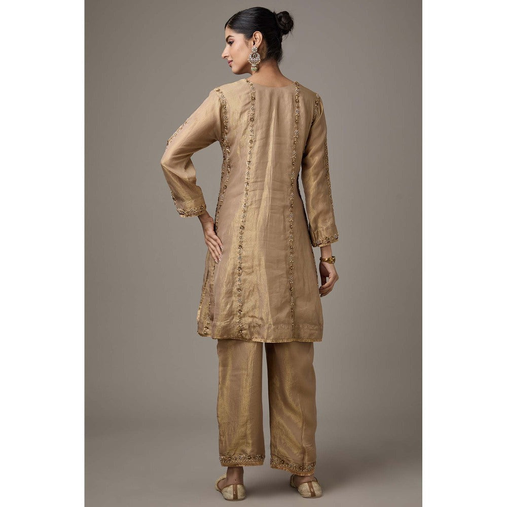 Studio A Brown Tissue Dori Hand Embroidered Kurta with Pant (Set of 2)