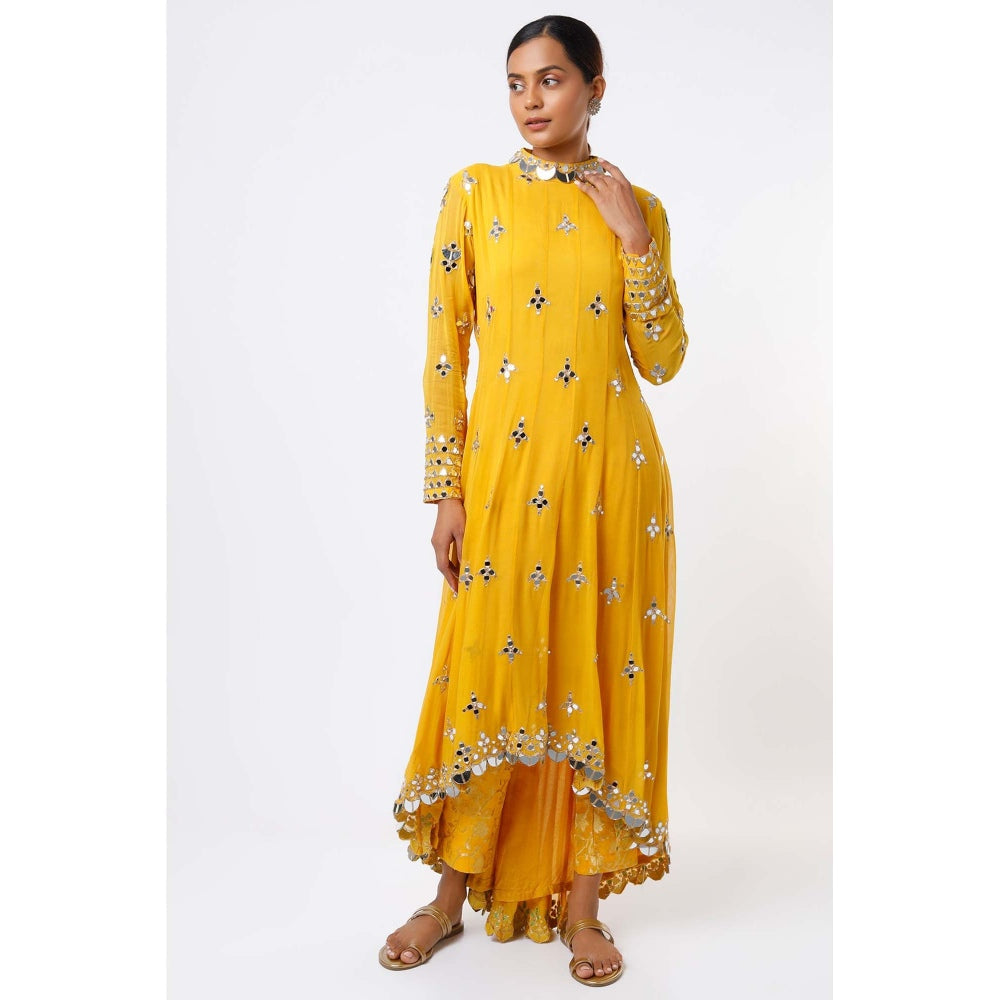 Studio A Mustard Mirror Work Anarkali with Pant (Set of 2)