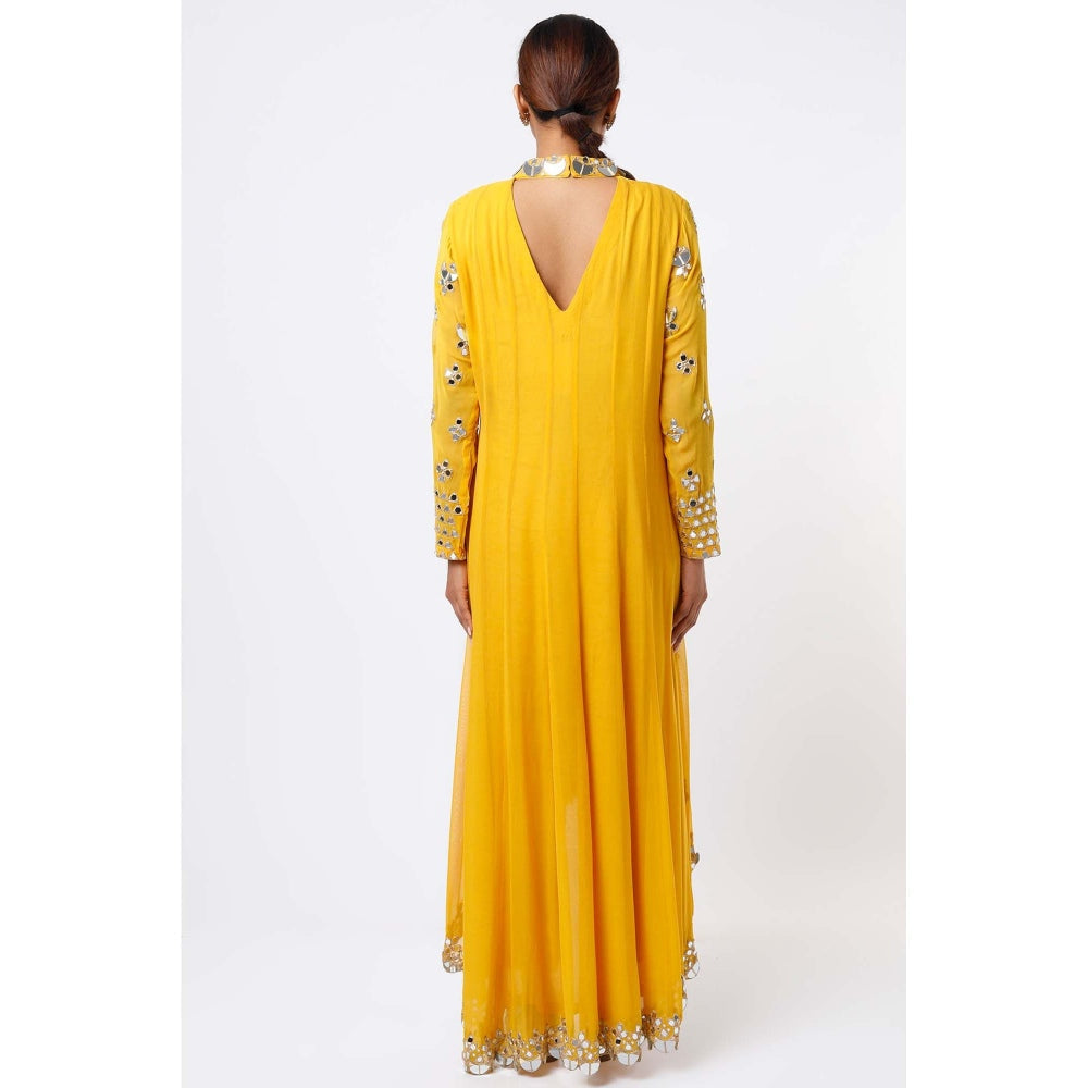 Studio A Mustard Mirror Work Anarkali with Pant (Set of 2)