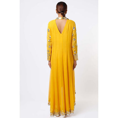 Studio A Mustard Mirror Work Anarkali with Pant (Set of 2)