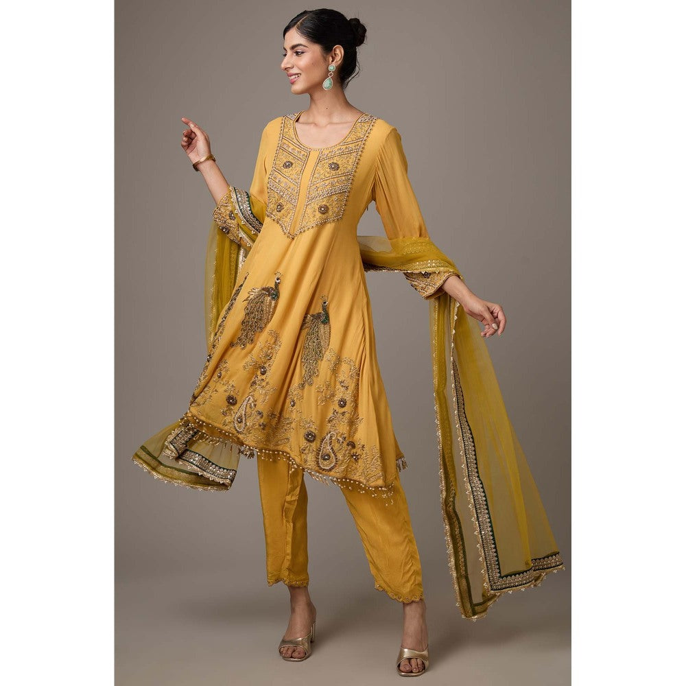 Studio A Mustard Georgette Peacock Hand Embroidered Anarkali with Pant and Dupatta (Set of 3)