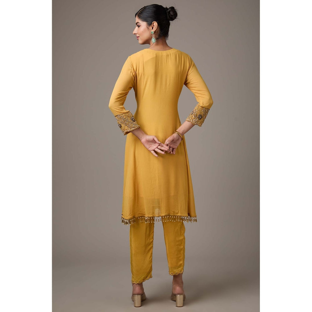 Studio A Mustard Georgette Peacock Hand Embroidered Anarkali with Pant and Dupatta (Set of 3)