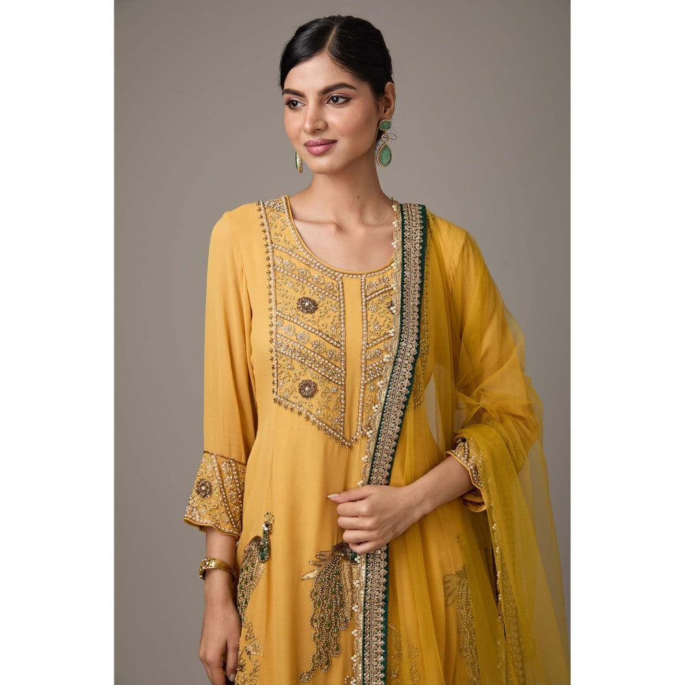 Studio A Mustard Georgette Peacock Hand Embroidered Anarkali with Pant and Dupatta (Set of 3)