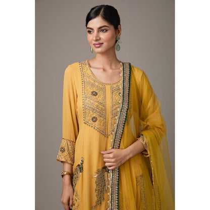 Studio A Mustard Georgette Peacock Hand Embroidered Anarkali with Pant and Dupatta (Set of 3)