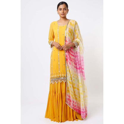 Studio A Mustard Layered Lehenga with Kurta and Dupatta (Set of 3)