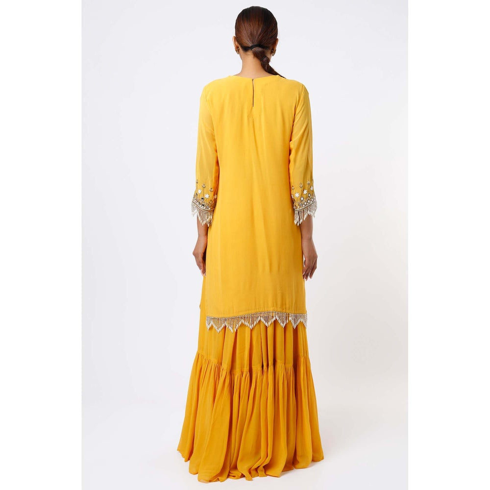Studio A Mustard Layered Lehenga with Kurta and Dupatta (Set of 3)