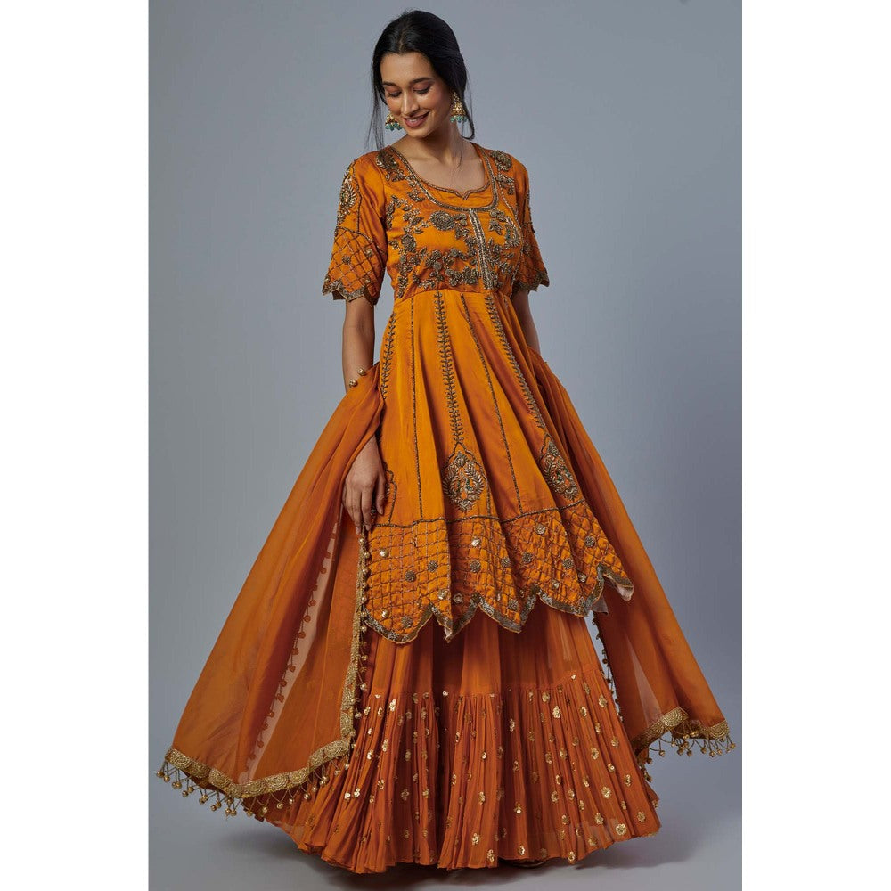 Studio A Orange Satin Silk Kurta with Lehenga and Dupatta (Set of 3)