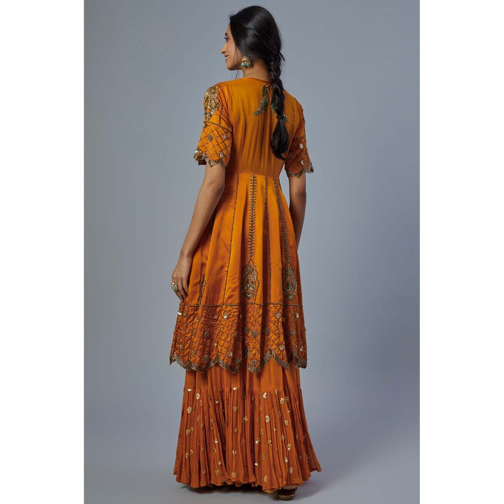 Studio A Orange Satin Silk Kurta with Lehenga and Dupatta (Set of 3)