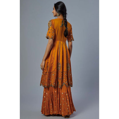 Studio A Orange Satin Silk Kurta with Lehenga and Dupatta (Set of 3)