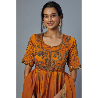 Studio A Orange Satin Silk Kurta with Lehenga and Dupatta (Set of 3)