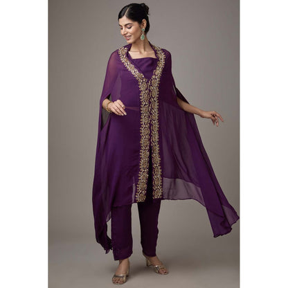 Studio A Purple Georgette Hand Embroidered Cape with Blouse and Pant (Set of 3)