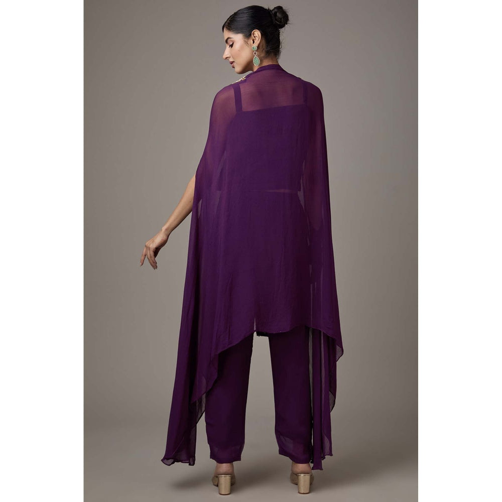 Studio A Purple Georgette Hand Embroidered Cape with Blouse and Pant (Set of 3)