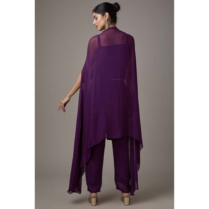Studio A Purple Georgette Hand Embroidered Cape with Blouse and Pant (Set of 3)