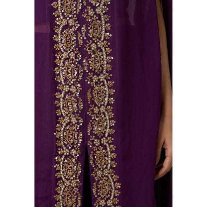 Studio A Purple Georgette Hand Embroidered Cape with Blouse and Pant (Set of 3)