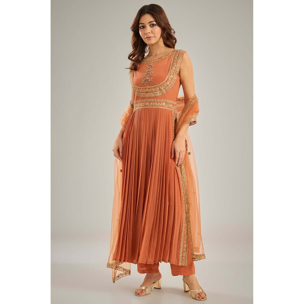 Studio A Orange Pleated Anarkali with Pant and Dupatta (Set of 3)
