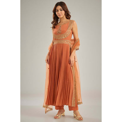 Studio A Orange Pleated Anarkali with Pant and Dupatta (Set of 3)