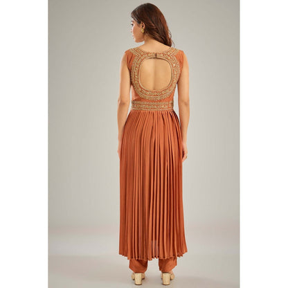 Studio A Orange Pleated Anarkali with Pant and Dupatta (Set of 3)