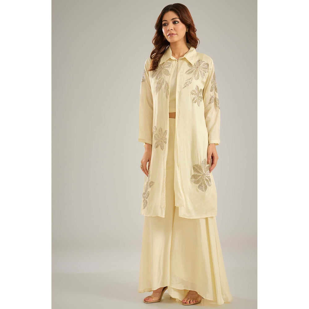 Studio A Ivory Crystal Bead Hand Embroidery Jacket with Top and Palazzo (Set of 3)