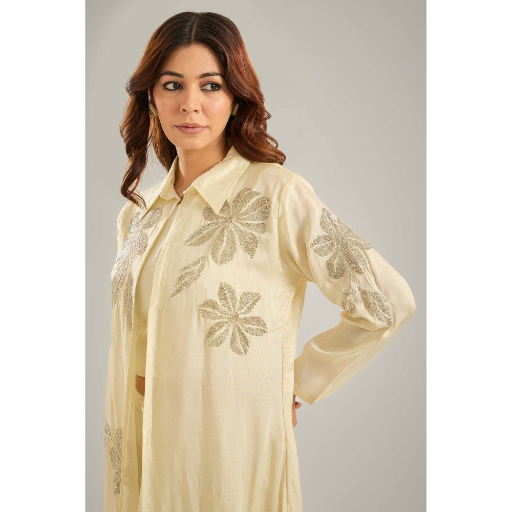 Studio A Ivory Crystal Bead Hand Embroidery Jacket with Top and Palazzo (Set of 3)