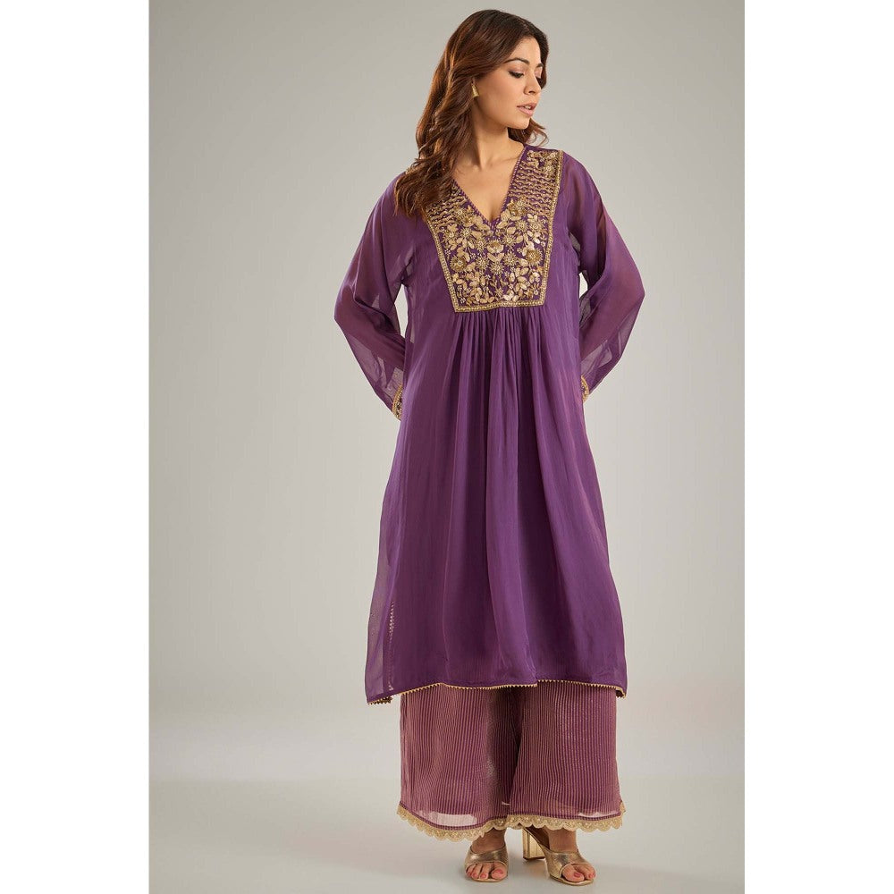 Studio A Purple Hand Embroidery Kurta with Palazzo and Inner (Set of 3)