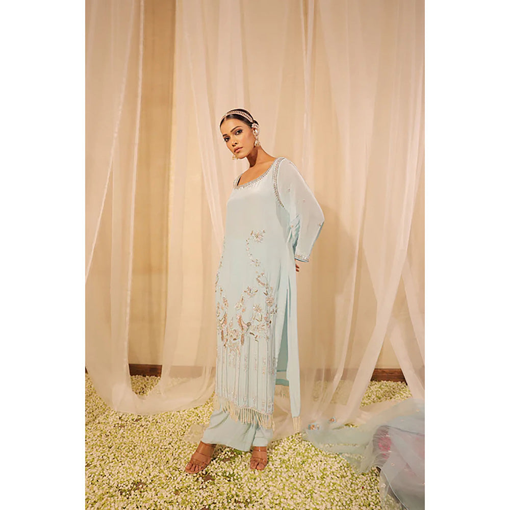 Studio Chiraiya Elegant Aqua Blue Kurta with Palazzo and Dupatta (Set of 3)