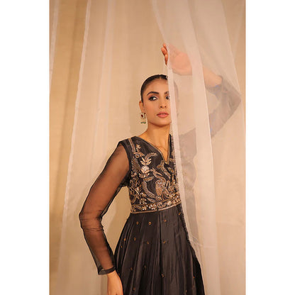 Studio Chiraiya Black Full Hand Embroidered Anarkali with Dupatta (Set of 2)