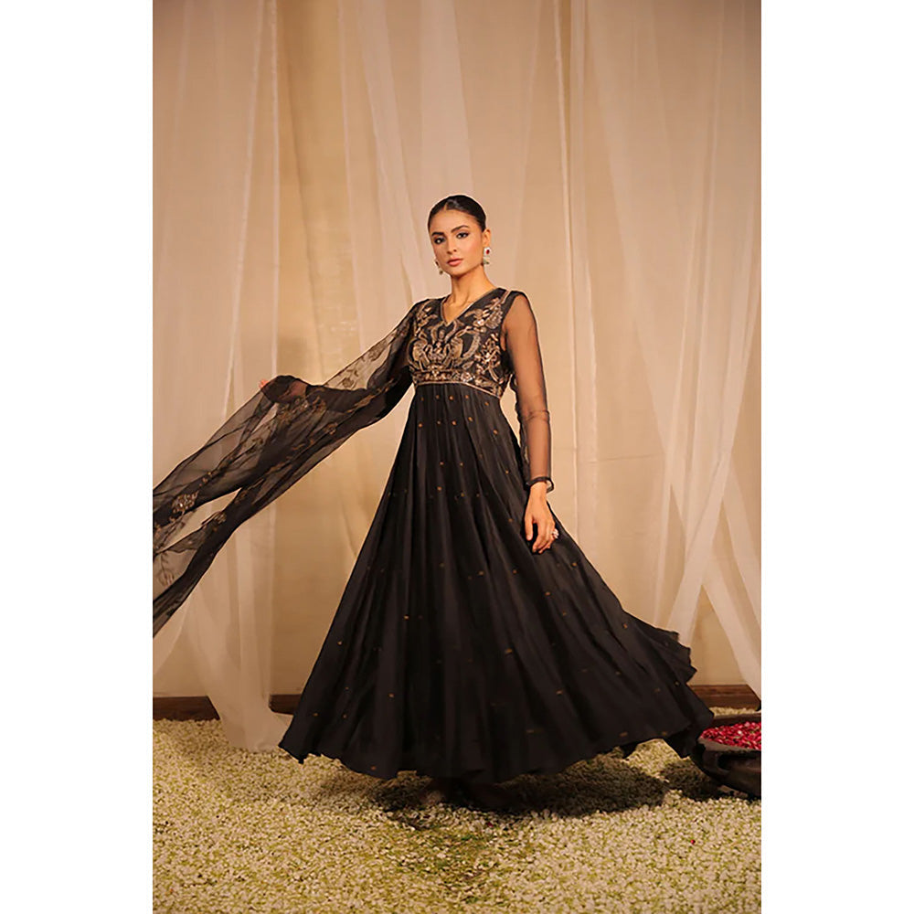 Studio Chiraiya Black Full Hand Embroidered Anarkali with Dupatta (Set of 2)