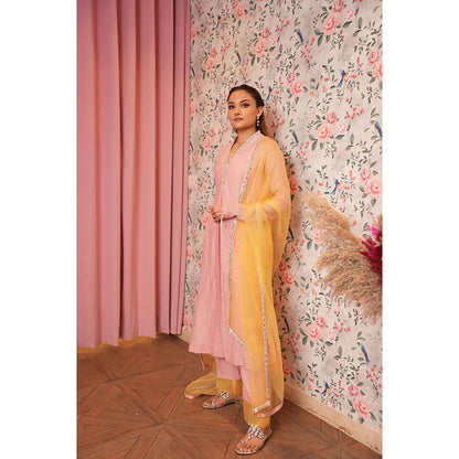 Studio Chiraiya Pure Chanderi Pink Kurta with Pant and Dupatta (Set of 3)