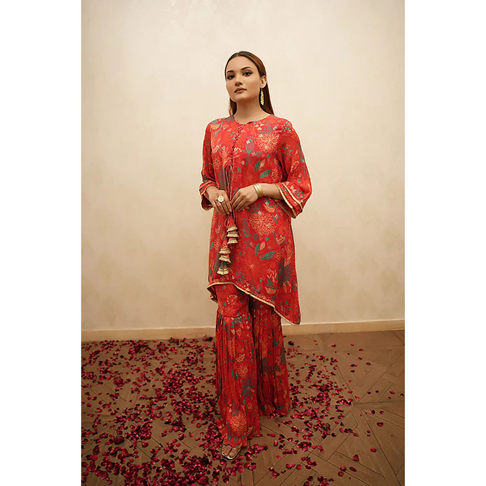 Studio Chiraiya Red Soft Designer Printed Crape Kurti with Sharara (Set of 2)
