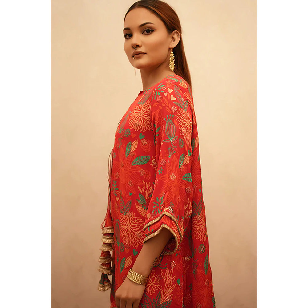 Studio Chiraiya Red Soft Designer Printed Crape Kurti with Sharara (Set of 2)
