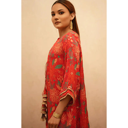 Studio Chiraiya Red Soft Designer Printed Crape Kurti with Sharara (Set of 2)
