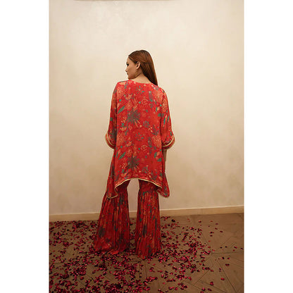 Studio Chiraiya Red Soft Designer Printed Crape Kurti with Sharara (Set of 2)