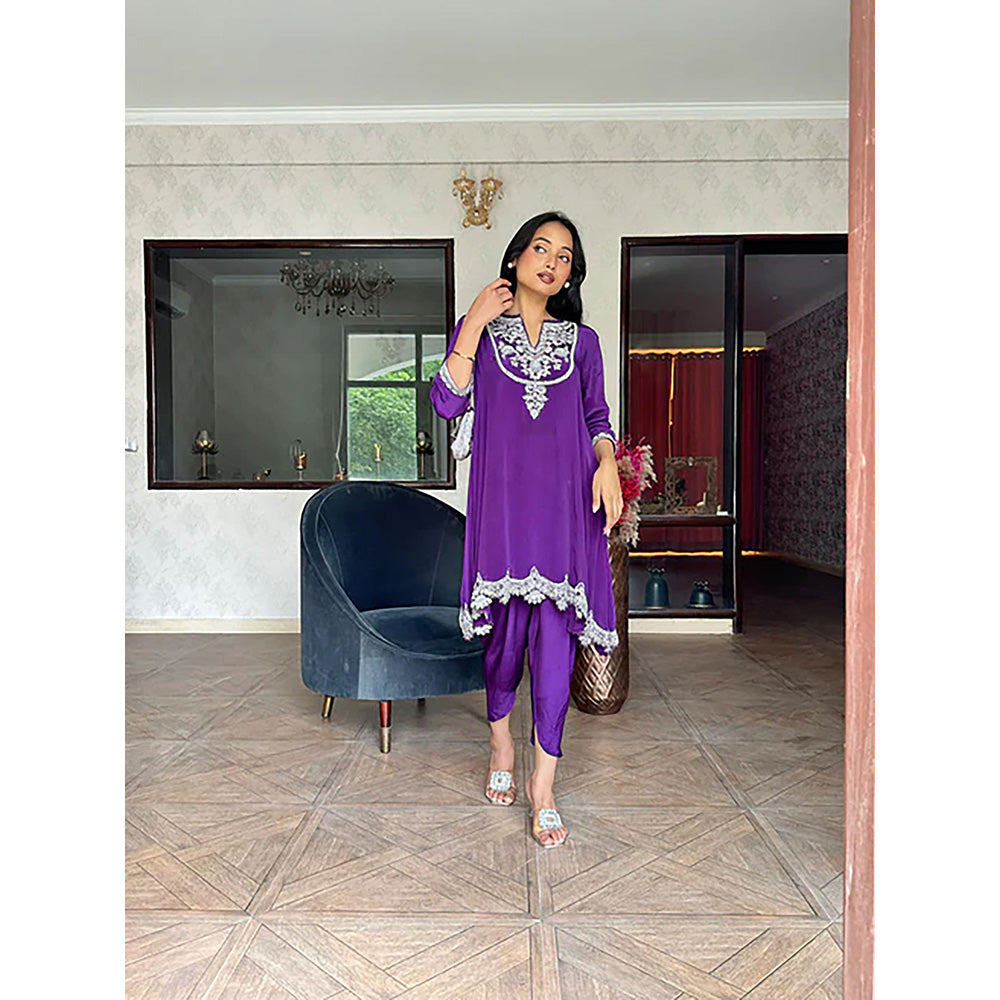 Studio Chiraiya Deep Purple Dabka Hand Work Kurta with Dhoti (Set of 2)