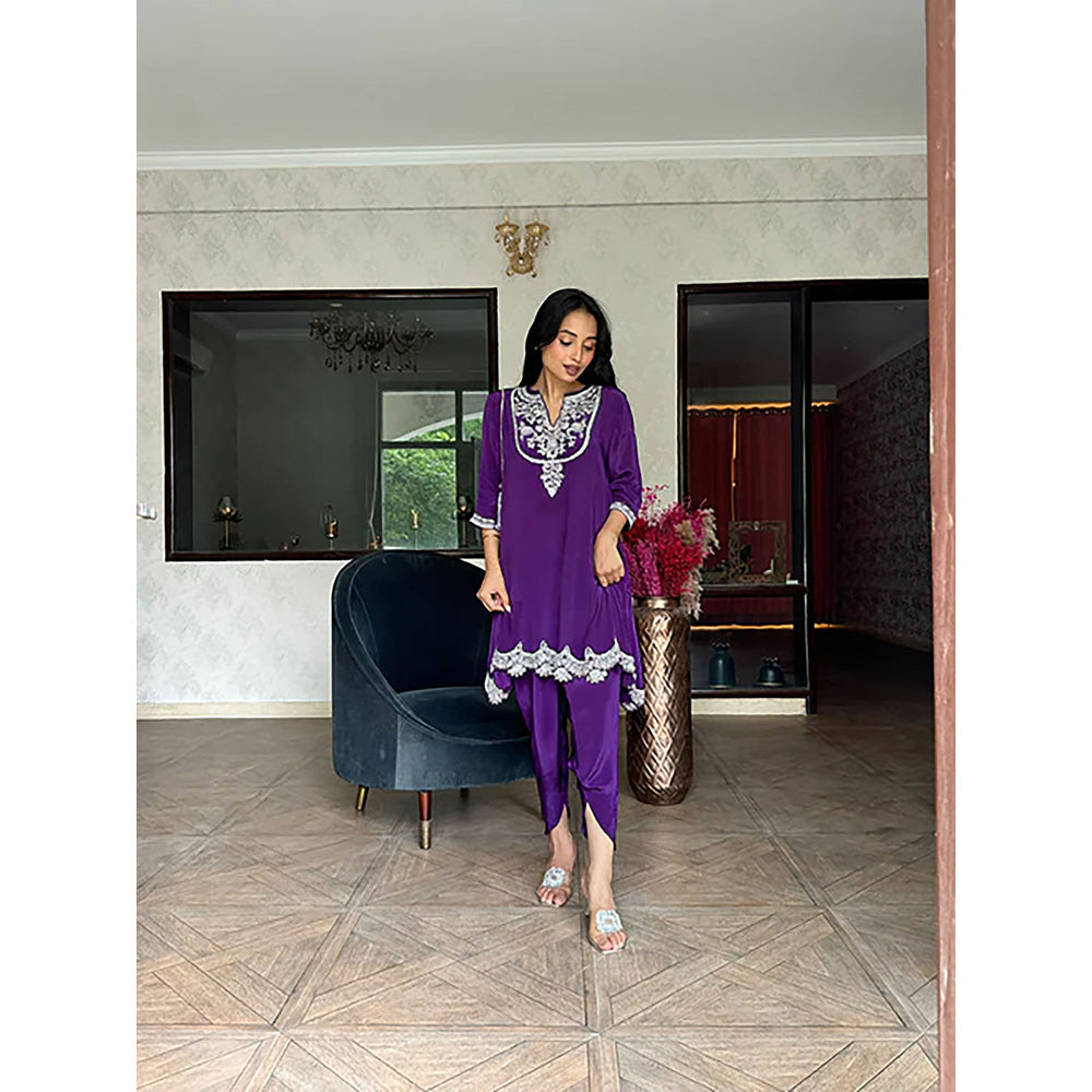 Studio Chiraiya Deep Purple Dabka Hand Work Kurta with Dhoti (Set of 2)