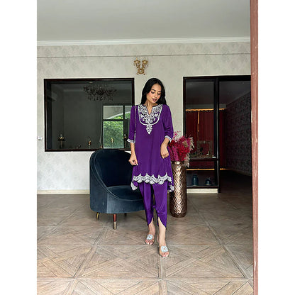 Studio Chiraiya Deep Purple Dabka Hand Work Kurta with Dhoti (Set of 2)