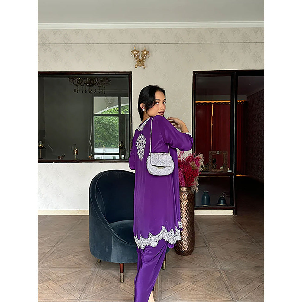 Studio Chiraiya Deep Purple Dabka Hand Work Kurta with Dhoti (Set of 2)