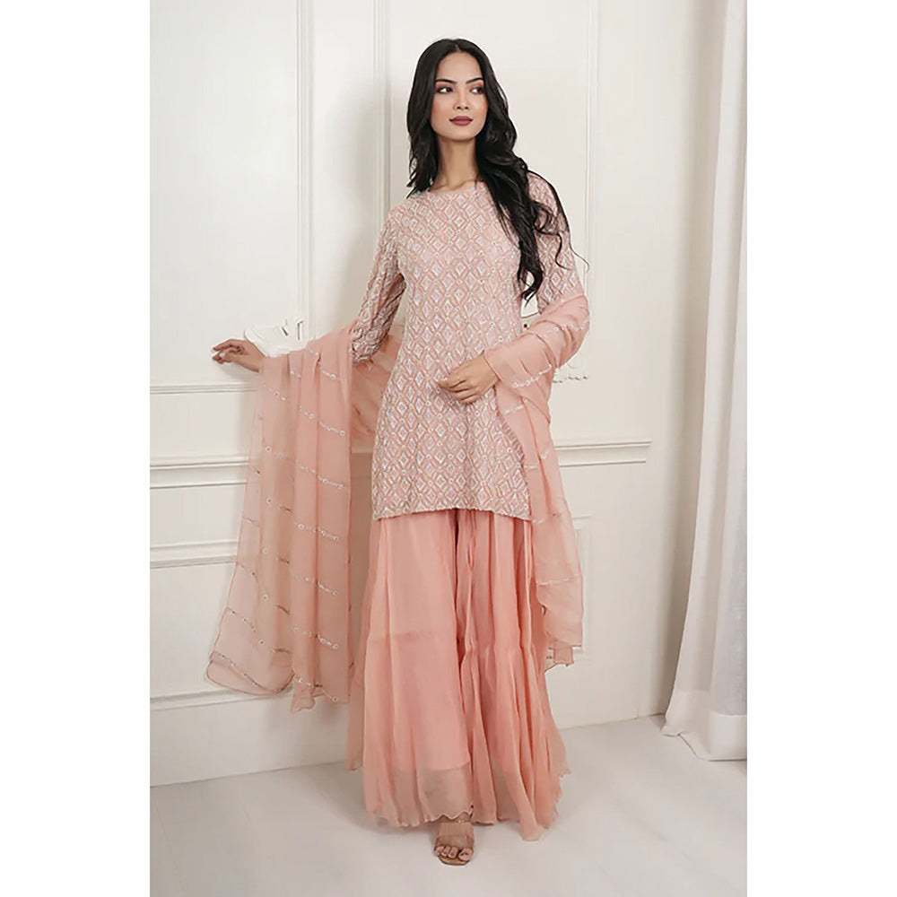 Studio Chiraiya Peach Makhmal Beautiful Sharara with Kurti and Dupatta (Set of 3)