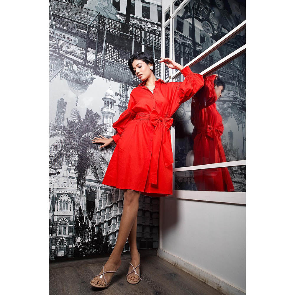 Style Junkiie Red Bow Tie-Up Shirt Dress