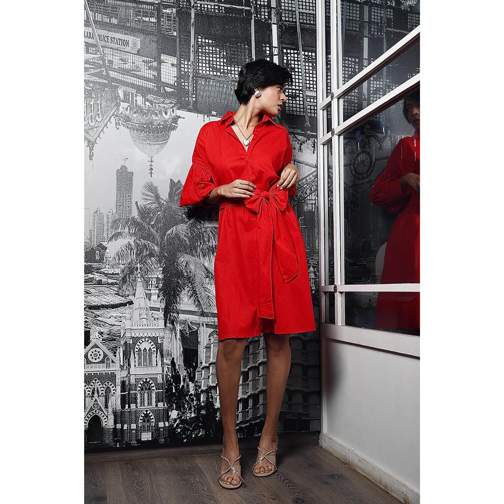Style Junkiie Red Bow Tie-Up Shirt Dress