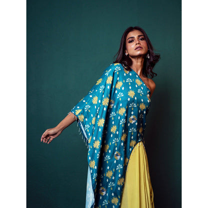 Suave by Neha Arora Blue One Shoulder Kurta With Skirt (Set of 2)