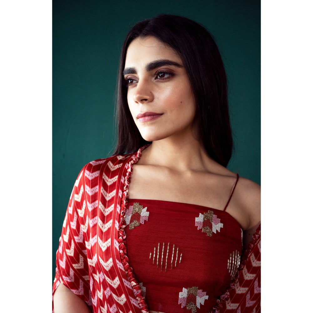 Suave by Neha Arora Surkh Cape With Crop Top And Flared Pant (Set of 3)